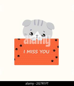 Carte avec chat kawaii triste mignon. Tu me manques. Illustration vectorielle. Style dessin animé plat Banque D'Images