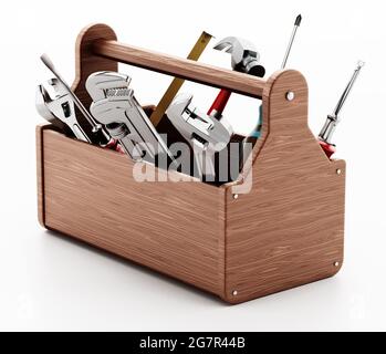 Boîte à outils en bois avec divers outils à main isolés sur fond blanc. Illustration 3D. Banque D'Images