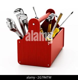 Boîte à outils en bois rouge avec divers outils à main isolés sur fond blanc. Illustration 3D. Banque D'Images