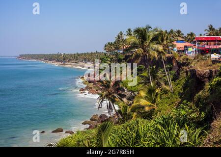 Palmiers et verdure le long de la falaise surplombant la mer d'Arabie à Varkala, Kerala, Inde Banque D'Images