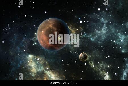 Exoplanètes ou planètes extrasolaires avec des étoiles sur fond de nébuleuse, 3D illustration Banque D'Images