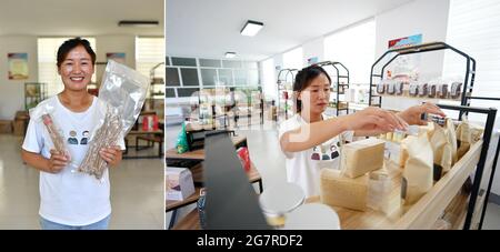 (210716) -- TAIYUAN, 16 juillet 2021 (Xinhua) -- dans cette photo combinée prise le 8 juillet 2021, la partie gauche montre Yang Wangfang montrant des produits locaux de la médecine chinoise traditionnelle de fines herbes appelée Codonopsis pilosula; Et la partie droite montre les produits de tri Yang Wangfang dans un centre de services de commerce électronique dans le village de Longzhen dans le comté de Pingshun, dans la province du Shanxi, au nord de la Chine. Au cours des dernières années, le comté de Pingshun a fait de grands efforts pour développer le commerce électronique en fournissant des services de soutien et des conseils d'emploi aux villageois locaux. En 2019, Yang Wangfang retourne dans sa ville natale et b Banque D'Images