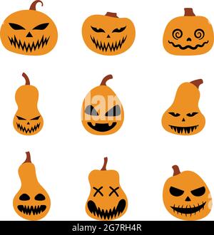 Ensemble de citrouilles effrayantes pour Halloween. Illustration des expressions du visage de Jack-o-lanterne. Collection simple d'images effrayantes d'horreur de citrouilles. Vecteur s isolés Illustration de Vecteur