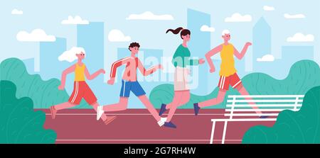Famille de course à pied. Faire du jogging papa, maman et enfants, un mode de vie sain et actif motivation parentale, parents et enfants faire du jogging dans le parc illustration vectorielle Illustration de Vecteur
