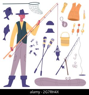 Personnage de pêcheur. Dessin animé de pêcheur avec matériel de pêche, canne à pêche, rouleaux, bateau et poisson, ensemble d'illustrations vectorielles d'appât. Pêche loisirs en plein air Illustration de Vecteur