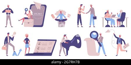 Service de chasse au chef. Recrutement, gestionnaires des RH, postes vacants et personnages d'employeur, ensemble d'illustrations vectorielles de recrutement de personnes. Demandeurs d'emploi et personnel Illustration de Vecteur