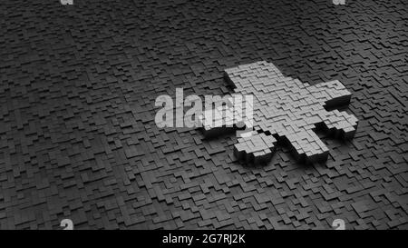 rendu 3d des cubes métalliques en forme de symbole de bulbe avec des rayons argent clair sur des cubes sombres avec aléatoire Banque D'Images