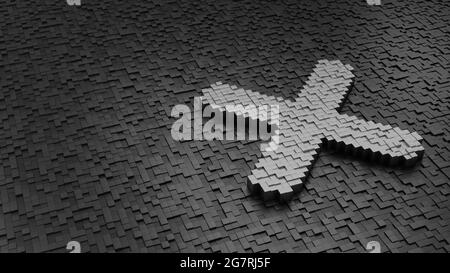 rendu 3d des cubes métalliques en forme de symbole de croix d'annulation argent clair coloré sur des cubes sombres avec caractère aléatoire Banque D'Images