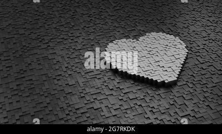 rendu 3d des cubes métalliques en forme de symbole de coeur cassé argent clair coloré sur des cubes sombres avec aléatoire Banque D'Images