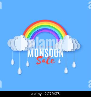 Arc-en-ciel et nuages avec des chutes de bracelet en style de coupe de papier. Vecteur ciel nuageux concept isolé sur fond bleu. Publicité de vente de mousson Illustration de Vecteur