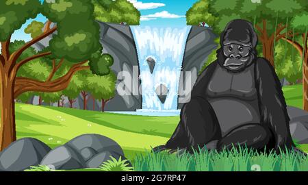 Gorilla dans la forêt ou la forêt tropicale scène avec de nombreux arbres illustration Illustration de Vecteur