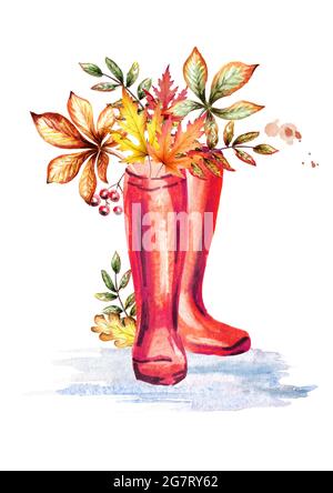 Bottes de pluie et feuilles d'automne. Illustration aquarelle dessinée à la main Banque D'Images