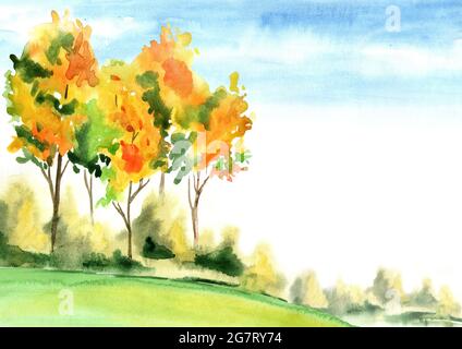 Paysage d'automne coloré. Illustration aquarelle dessinée à la main Banque D'Images