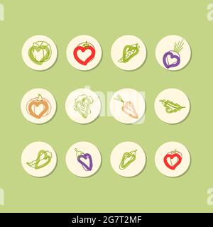 Étiquettes autocollantes pour aliments biologiques. Légumes naturels sains, autocollants du logo des aliments frais. Éco-alimentation . Betteraves carottes salade aubergine chou pois citrouille concombre poivre tomate brocoli arugula. Vecteur Illustration de Vecteur