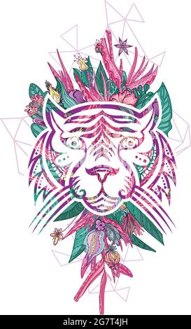 Texture sauvage de chat avec des formes géométriques et des plantes exotiques de fond Illustration de Vecteur