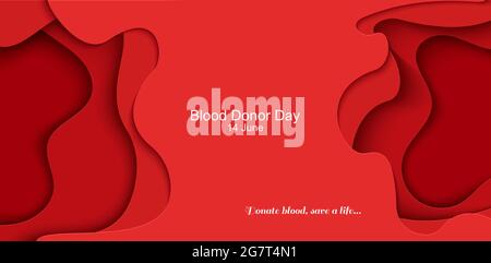 Journée mondiale du don de sang 14 juin affiche sur papier vectoriel. Affiche horizontale de résumé de sang rouge découpé au papier. Illustration 3d de la médecine vectorielle. Donneur créatif Illustration de Vecteur
