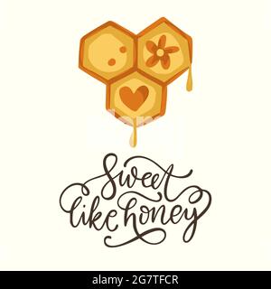 Motif nid d'abeille carte mignonne lettrage texte citation. Motif vectoriel de dessin animé typographique. Doux comme le miel. Illustration de Vecteur