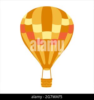 Ballon d'air chaud à rayures orange avec panier. Ballon d'air chaud isolé sur fond blanc. Motif dessin animé plat. Vecteur. Illustration de Vecteur