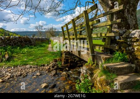 Passerelle au-dessus de Step Gill, sur le sentier Dales Way. Près de Buckden, Upper Wharfedale, parc national de Yorkshire Dales, Yorkshire, Angleterre, Royaume-Uni Banque D'Images