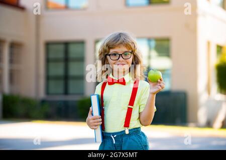 Petit garçon souriant, portant un sac à dos pour l'école et tenant un livre d'exercice. Portrait d'un élève heureux à l'extérieur de l'école primaire. Gros plan sur la face de Banque D'Images