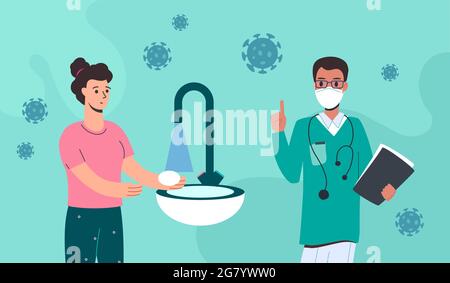 Le médecin vous avertit de la nécessité de vous laver les mains à fond. Le virologue a soulevé son index, la fille se lave les mains avec du savon. Autour d'eux est le virus du vecteur COVID-19, plat deux caractères Illustration de Vecteur
