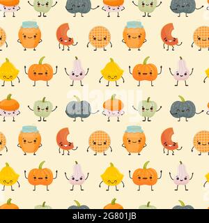 Motif sans coutures avec un joli personnage de kawaii de citrouilles différentes. Citrouilles drôles et heureuses emoji. Illustration vectorielle de style dessin animé à plat Illustration de Vecteur