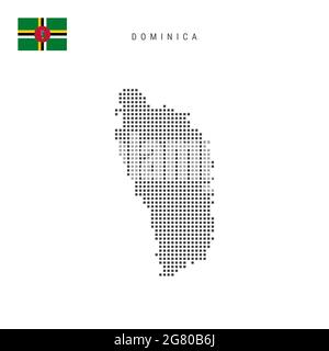 Carte à motif points carrés de la Dominique. Carte des pixels en pointillés de la Dominique avec drapeau national isolé sur fond blanc. Illustration. Banque D'Images