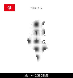 Carte à motif points carrés de Tunisie. Carte des pixels en pointillés tunisiens avec drapeau national isolé sur fond blanc. Illustration. Banque D'Images