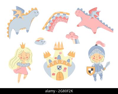 Ensemble de jolis éléments de conte de fées pour la fête des enfants. Anniversaire, textile, livre de nuit. Princesse, château, chevalier, dragons mignons, arc-en-ciel et nuages, kawaii enfant Illustration de Vecteur