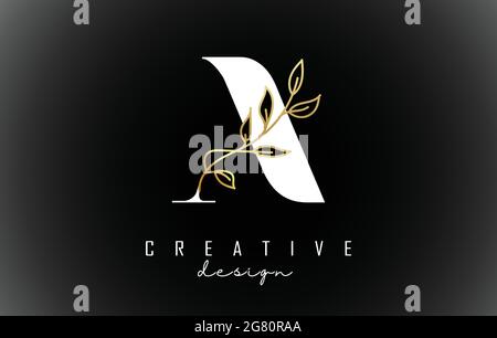 Blanc LOGO de lettre avec illustration vectorielle de branche à feuilles dorées. Icône créative et élégante avec la lettre A. Illustration de Vecteur