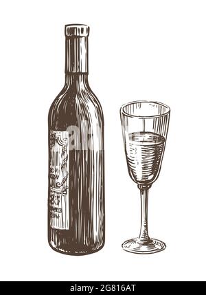 Bouteille avec un verre de vin sur fond blanc. Illustration vectorielle d'esquisse dessinée à la main Illustration de Vecteur