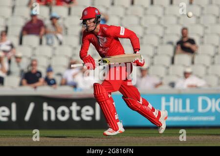 Manchester, Royaume-Uni. 16 juillet 2021. Finn Allen de Lancashire chauves-souris lors du match Vitoria Blast T20 entre Lancashire et le Durham County Cricket Club à Old Trafford, Manchester, le vendredi 16 juillet 2021. (Crédit : will Matthews | MI News) crédit : MI News & Sport /Alay Live News Banque D'Images