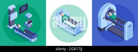 Hôpital 3 concept de compositions de fond isométriques avec échographie diagnostique irm lit patient patients illustration vectorielle Illustration de Vecteur