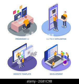Développement de codage de programmation isolé jeu d'icônes isométriques avec modèle de site Web d'application de support de programmation et vecteur de descriptions de développement Illustration de Vecteur