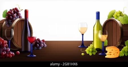 Fûts de vin sur la composition de table avec des images réalistes de fûts en bois bouteilles de verre et illustration vectorielle de raisin Illustration de Vecteur