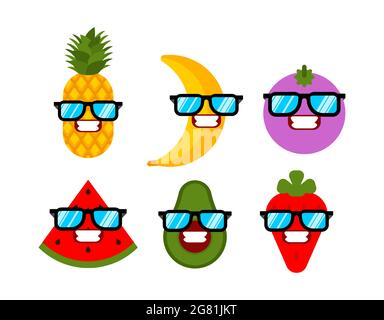 Ensemble fruits et verres. Fruits frais. Pastèque et banane. Mangousteen et fraises. Ananas et avocat Illustration de Vecteur