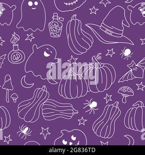 Motif Halloween sans coutures. Doodle Ghost, potiron avec visage et araignée, champignon, chapeau de sorcière ligne effrayé. Décoration de Noël sans limites texture de dessin animé. Fond d'écran vectoriel de répétition fond d'écran violet Illustration de Vecteur