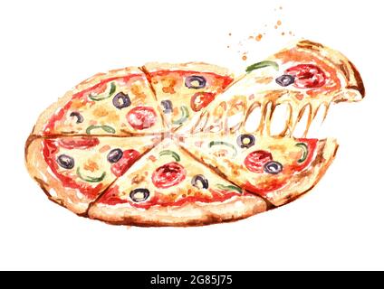 Délicieuse pizza fraîche et chaude. Illustration aquarelle dessinée à la main, isolée sur fond blanc Banque D'Images
