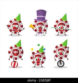 Personnage de dessin animé d'une puce de casino de 100 dollars avec divers spectacles de cirque. Illustration vectorielle Illustration de Vecteur