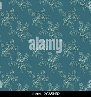 Motif sur un fond bleu branches de sakura en fleur dans un contour, gribouillage, fond sans couture. Illustration vectorielle Illustration de Vecteur