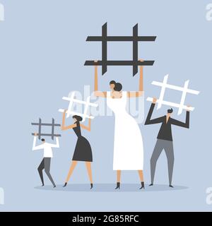 Un groupe de personnes tenant des panneaux hashtag à la campagne Illustration de Vecteur