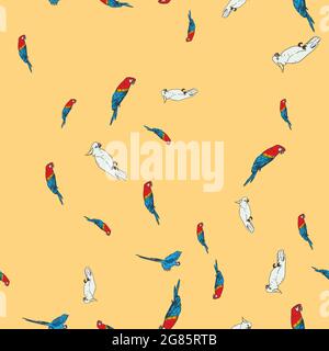 Vecteur orange fond oiseaux tropicaux, perroquets, macaw, cacatoès exotiques. Arrière-plan sans couture Illustration de Vecteur