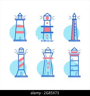 Icônes de phare. Ensemble d'icônes vectorielles de phare pour le design, thème marin, couleur bleue, isolé sur fond blanc. Illustration vectorielle Illustration de Vecteur