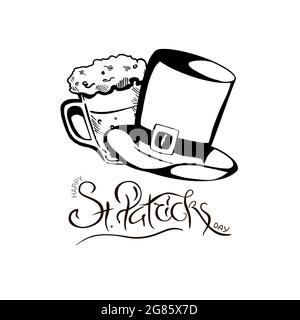 Illustration Happy Saint Patrick Day Vector. Chapeau de leprechauns dessiné à la main, verre à bière et lettrage. Illustration de Vecteur