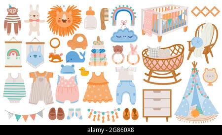 Meubles et vêtements pour bébés. Articles pour bébés, jouets pour animaux, décoration, berceaux, hochets et accessoires pour nouveau-nés dans un ensemble vectoriel de style scandinave Illustration de Vecteur