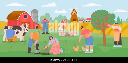 Paysage agricole avec les travailleurs. Campagne la communauté paysanne nourrit les animaux, la vache à lait et cultive des légumes et des fruits. Concept vectoriel de ferme plate Illustration de Vecteur