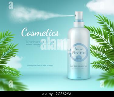 Bannière en spray cosmétique. Affiche de produit naturel de soin de la peau avec feuilles de palmier tropicales et nuages de ciel. Modèle vectoriel de bouteille de pulvérisateur 3d réaliste Illustration de Vecteur