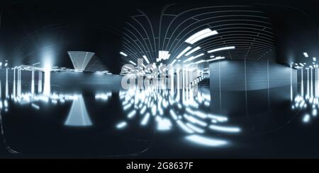 vue panoramique futuriste à 360 degrés du design industriel futuriste de la salle sombre image 3d de rendu hdri hdr vr style Banque D'Images