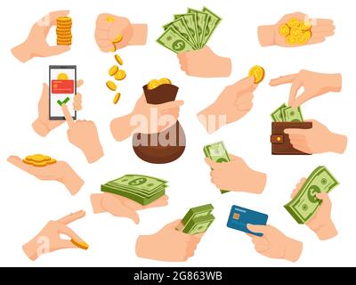 Les mains tiennent de l'argent. Le bras humain donne de l'argent et paie en billets de billets en dollars, piles de pièces, cartes et applications téléphoniques. Main avec portefeuille et sac ensemble vectoriel Illustration de Vecteur