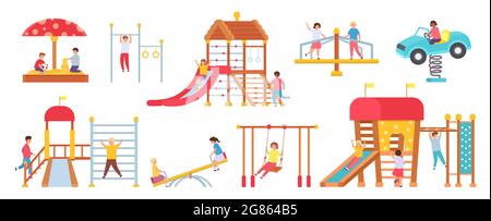 Les enfants sont à l'aire de jeux. Garçons et filles jouant dans la maison de jeu. Enfants sur balançoires, toboggan, carrousel et bac à sable. Jeu de vecteurs de jardin d'enfants Illustration de Vecteur